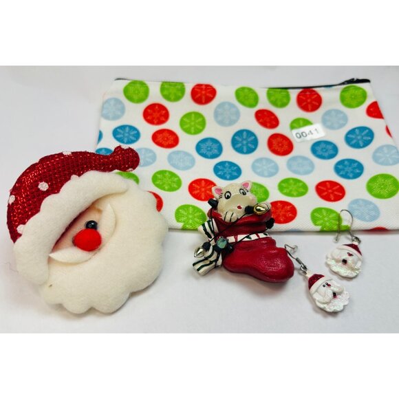 Santa-Themed Holiday Accessories Set Includes Santa Earrings Brooch & Pouch - Picture 2 of 2